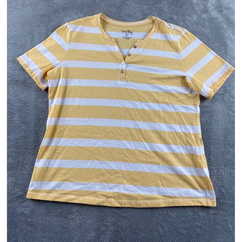 Coral Bay Petite PL Yellow White Striped Henley Short Sleeve Top‎ Cotton Blend
